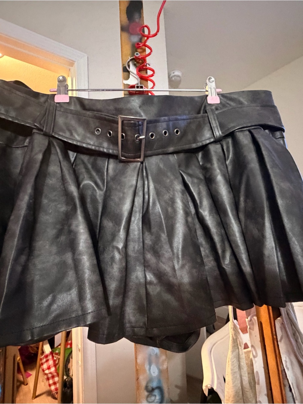 Fashion Nova Black Faux Leather Pleated Mini Skirt with Belted Waist